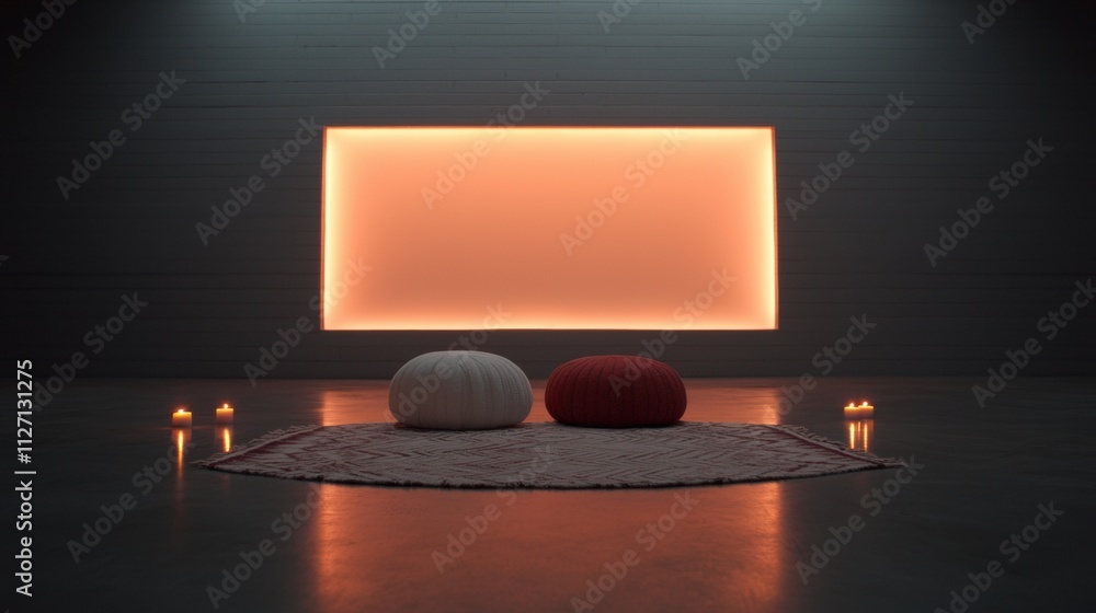 Poster dark room with a large square-shaped light fixture in the center. the light fixture is orange in col