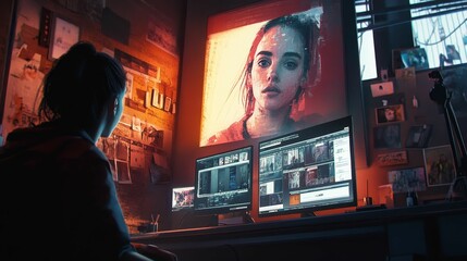Person viewing digital image, illuminated workspace, multiple monitors.