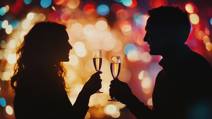 Silhouette of happy couple holding champagne glass on bokeh background - ai generative