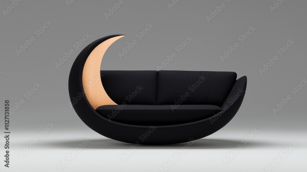 Poster 3d rendering of a modern armchair in the shape of a crescent moon. the chair is black in color and h