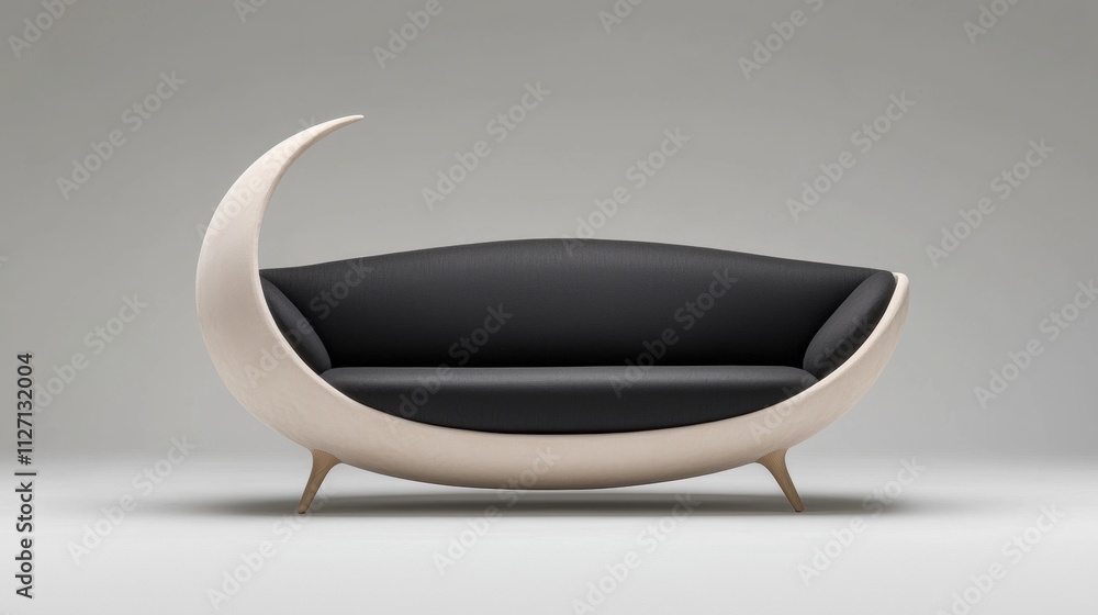 Poster 3d rendering of a modern sofa with a curved design. the sofa is black and white in color and has a s