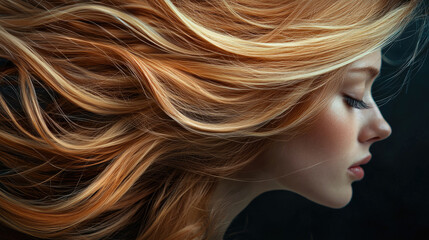 Fototapeta premium Profile of young caucasian woman with flowing blonde hair in motion
