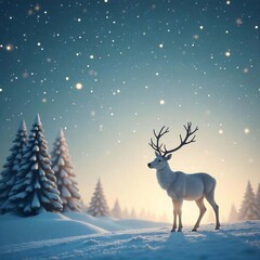 A deer is standing in the snow with trees in the background.