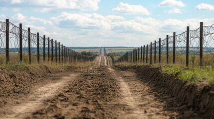 Border Division Fence with Barbed Wire and Deep Ditch Landscape