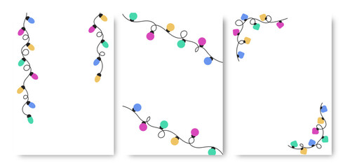 Set of vertical posters with wavy garland lights. Christmas, wedding or birthday celebration vector templates with empty space for text.