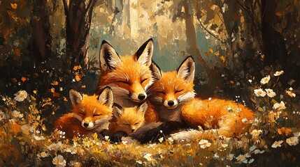 Oil painting of a family of foxes with a fox mother and fox children resting under the trees and wild flowers in the forest. Wildlife Animals. Illustration. Concept for mother's day, women's day