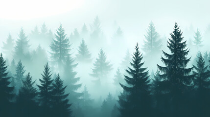 Fototapeta premium Serene misty forest with tall trees shrouded in fog, creating a peaceful and mysterious natural landscape. Verdure. Illustration
