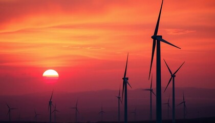 Obraz premium Vibrant Sunset Over Wind Farm Renewable Energy Landscape