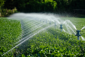 Industrial automatic farm sprinkler in action watering grass