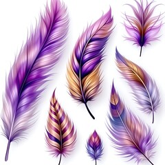 Beauty of vibrant feathers an artistic collection of unique purple and bronze designs isolated on white background