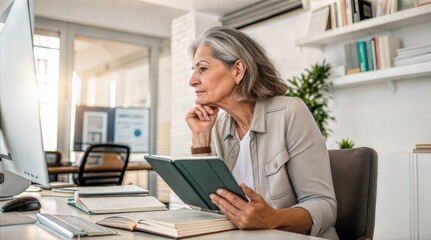 Thinking Computer Mature Woman Business Research Reading Digital Proposal Book Publisher Boss Idea Planning Tech Website Opportunity Search eBook Writer Agency
