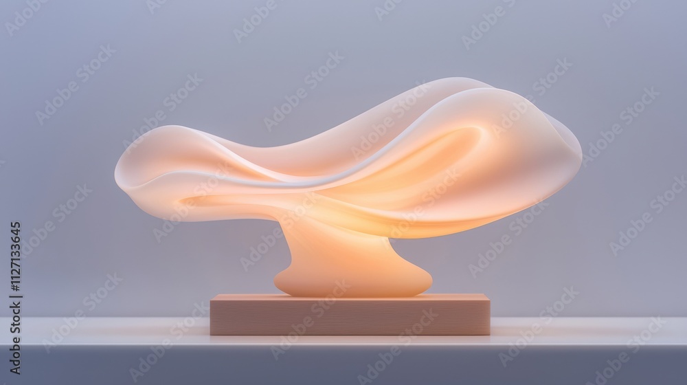 Poster 3d rendering of a modern sculpture on a wooden base. the sculpture is made up of a series of curved 