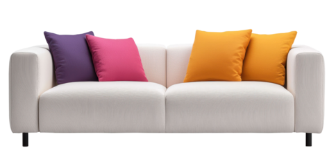 White sofa featuring vibrant multicolor cushions in purple, pink, and orange. Perfect for bright and modern living spaces. Isolated on transparent background, png.