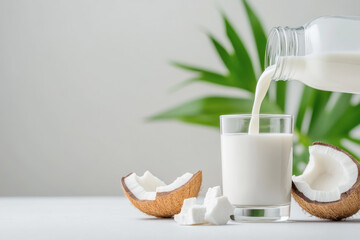 Pouring coconut milk into a glass, showcasing the beauty of dairy-free alternatives in a natural setting