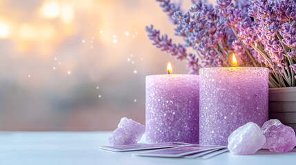 Serene tabletop setting for meditation with lavender candles and crystals promoting inner peace and personal growth