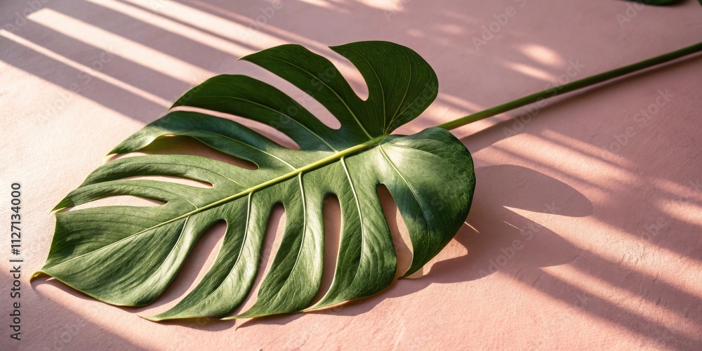 Aufkleber a single green leaf with a unique shape casts intricate shadows on a light pink surface