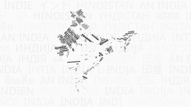 India intro animation. Country with states illustration video. Background with country names in various languages. States of India animation. Awesome video.