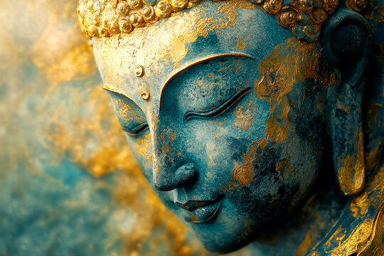 Embracing the eternal truth of Ajata through the golden visage of an ancient Buddha, radiating serenity and wisdom in a timeless embrace of spirituality