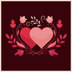 Romantic vector illustration of two hearts surrounded by elegant flowers and leaves on a deep burgundy background. Perfect for Valentine’s Day cards, wedding invitations, banners.