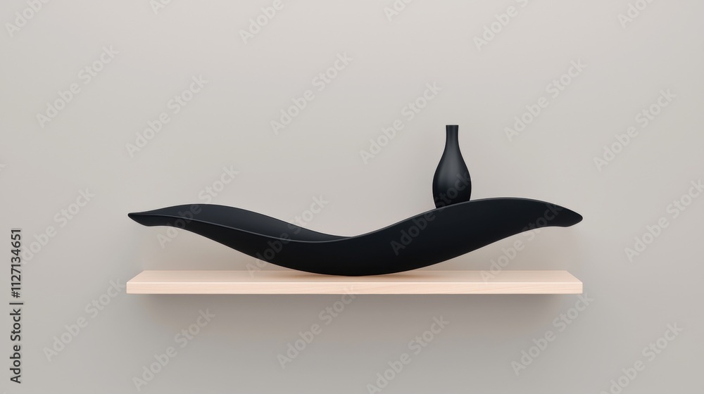 Poster black sculpture on a wooden shelf against a plain white wall. the sculpture is in the shape of a wav