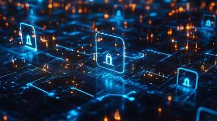 Digital representation of cybersecurity with glowing lock symbols and interconnected circuits.