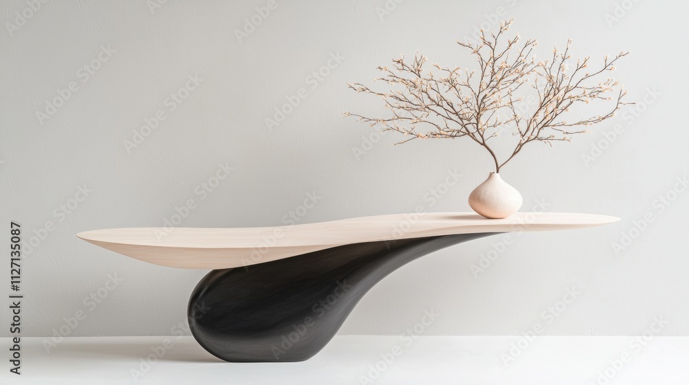 Poster modern console table with a unique design. the table has a curved wooden top and a black base. on th