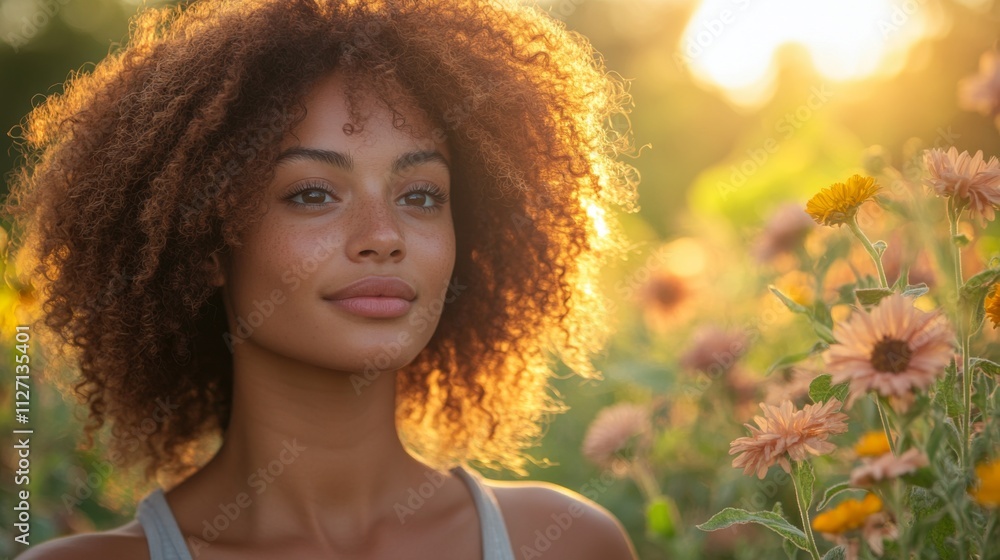 Poster a woman with curly hair stands in a vibrant flower field. sunlight filters through the blooms, creat