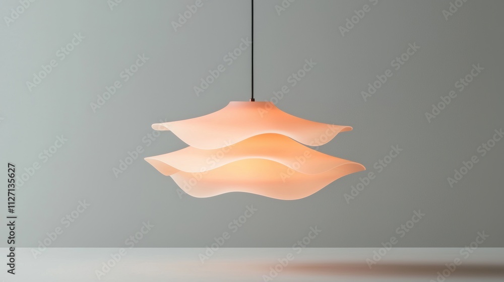 Poster modern pendant light hanging from a black cord against a light grey wall. the light is in the shape 