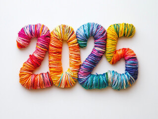 Number "2025" symbolising new year put with colorful knitting threads on a white background. Top view. Copy space. Knitting hobby. Handmade. Knitting year plans. 