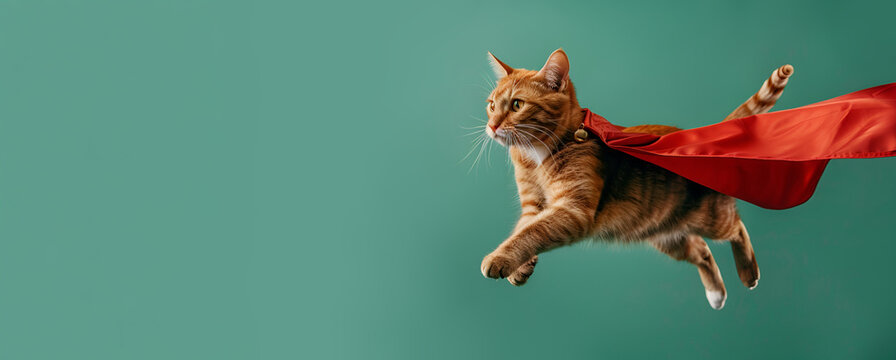 Superhero orange tabby cat flying with red cape on green background