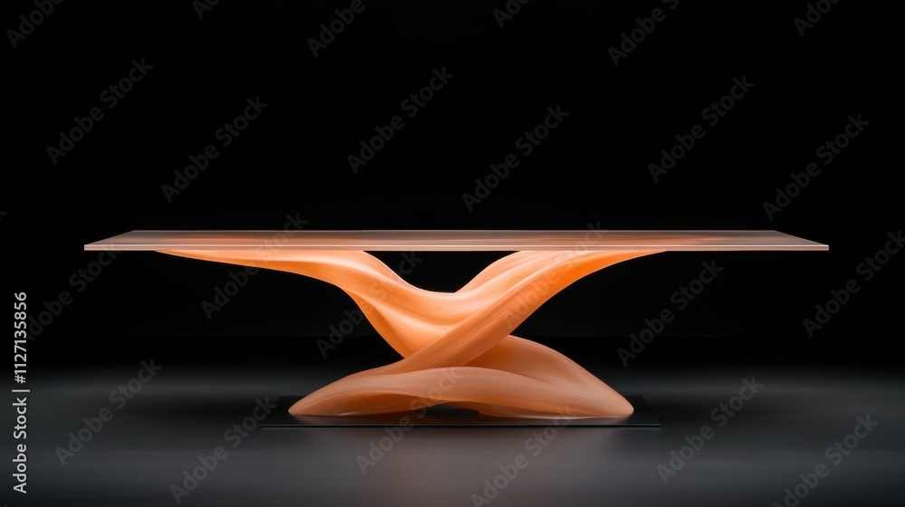Poster photograph of a modern wooden table with a unique design. the table has a rectangular top with a smo