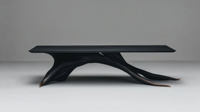 Modern wooden table with a black top and a unique design. the table has a rectangular shape with a flat surface that appears to be made of a dark wood.