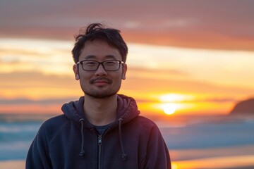 Fototapeta premium Portrait of a satisfied asian man in his 30s wearing a zip-up fleece hoodie over stunning sunset beach background