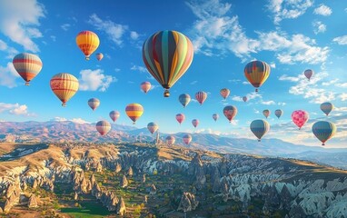 Fototapeta premium A breathtaking view of hot air balloons floating over the rugged landscapes and unique rock formations in Cappadocia, Turkey.