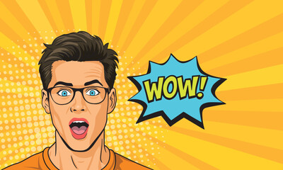 Emotional man with the inscription wow on a colored background. in a bright pop art style