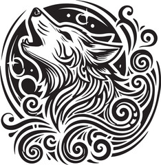 Intricate Wolf Howling at the Moon: Tribal-Style Artwork





