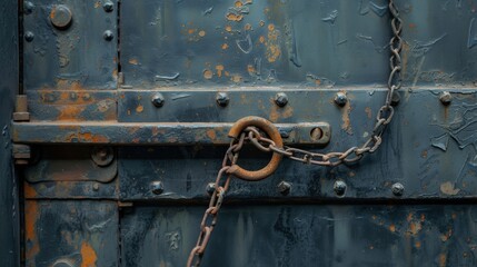 Closeup of a steel door with a safety lock and chain around the handle providing secure access to a designated safety zone within the factory.