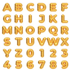 Complete set of gold balloon letters A-Z and numbers 0-9, isolated on a white background, perfect for party decorations. 3D render illustration