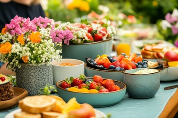 A vibrant outdoor table filled with colorful fruits, flowers, and breakfast items, creating a cheerful and inviting atmosphere.