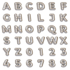 Full set of silver balloon letters A-Z and numbers 0-9, isolated on a white background, ideal for elegant celebrations. 3D render illustration