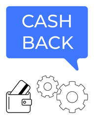 Cashback promotion text inside speech bubble above wallet with credit card and two gears. Ideal for finance, e-commerce, rewards programs, customer incentives, money management, economic efficiency