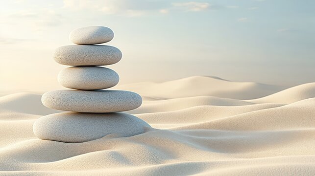 Stacked smooth stones on soft sand beneath a gentle sky symbolize tranquility and balance