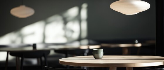 Obraz premium Modern dining room with a wooden table in the center. the table is round and has a small green vase on it. above the table, there are two white pendant lights hanging from the ceiling.