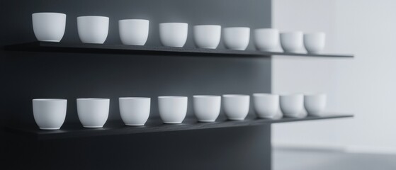 Row of white cups arranged on a black shelf against a white wall. the cups are arranged in a neat and orderly manner, with each cup slightly overlapping the one below it.