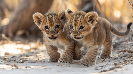 Obraz premium A baby lion cub playfully biting its sibling tail in the African savanna