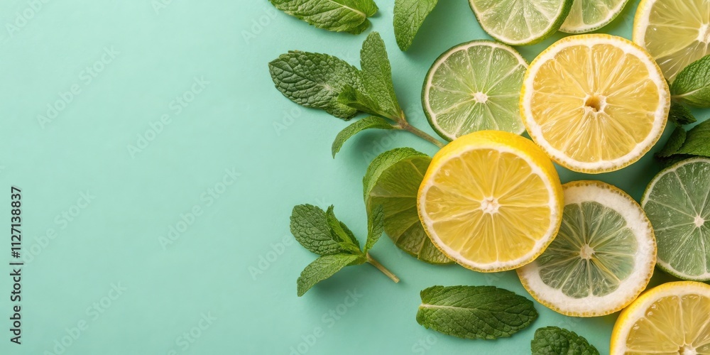 Poster a fresh and vibrant arrangement of lemon and lime slices with sprigs of mint on a smooth turquoise b