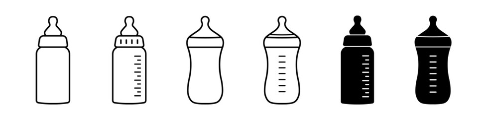 Baby bottle icon set. Feeding milk bottle with a nipple symbol. Editable stroke. Vector illustration.