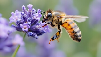 Honeybee in flight, collecting pollen from lavender.