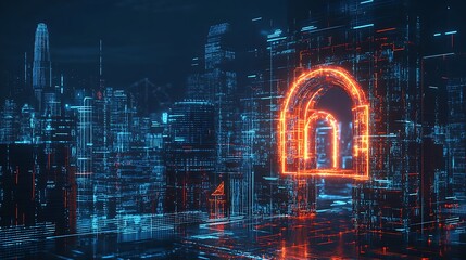 A futuristic cityscape featuring a glowing digital arch amidst a high-tech environment.