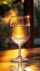 A glass of water reflecting warm light, creating a serene and inviting atmosphere.